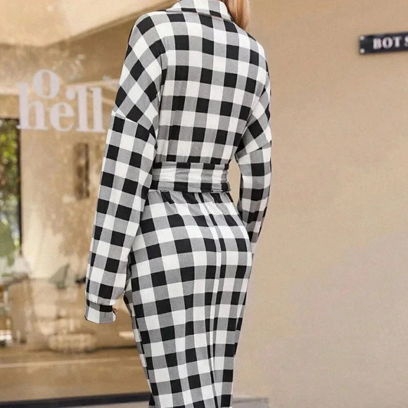 Black & White Casual Womens Gingham Drop Shoulder Ruched Belted Shirt Dress - Picture 2 of 5